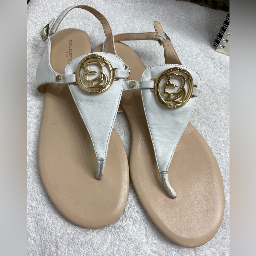 Karl Lagerfeld White Logo T-strap Sandal size 9M BREZIN style